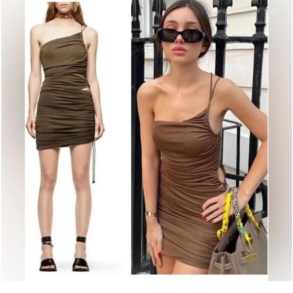 Zara One-Shoulder Ruched Cut-Out Dress Brown Size Medium